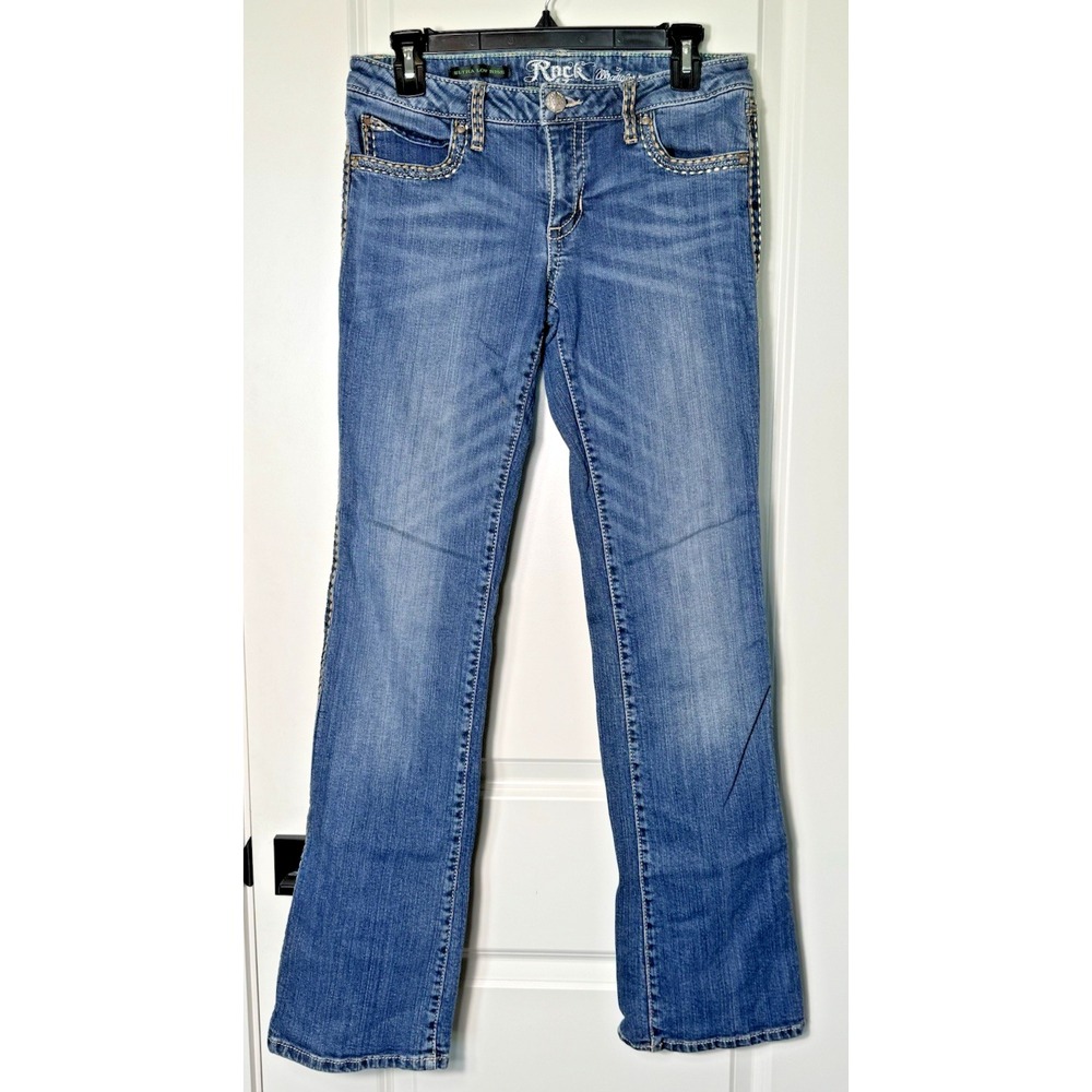 Rock 47 Wrangler Womens Jeans Size 5 6 Boot Cut Stretch Embellished Pockets Blue